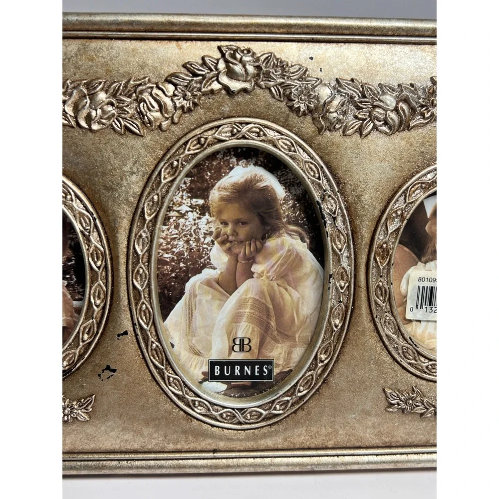 Burnes of Boston Triple Picture Frame Silver Tone Floral Rose Relief 801099